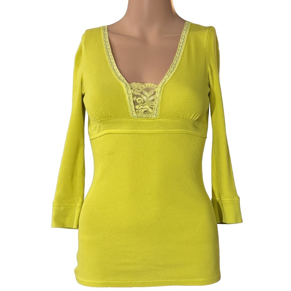Victoria's Secret Shirt Womens S Lace Trim Babydoll Y2K Lime Green 3/4 Sleeves
